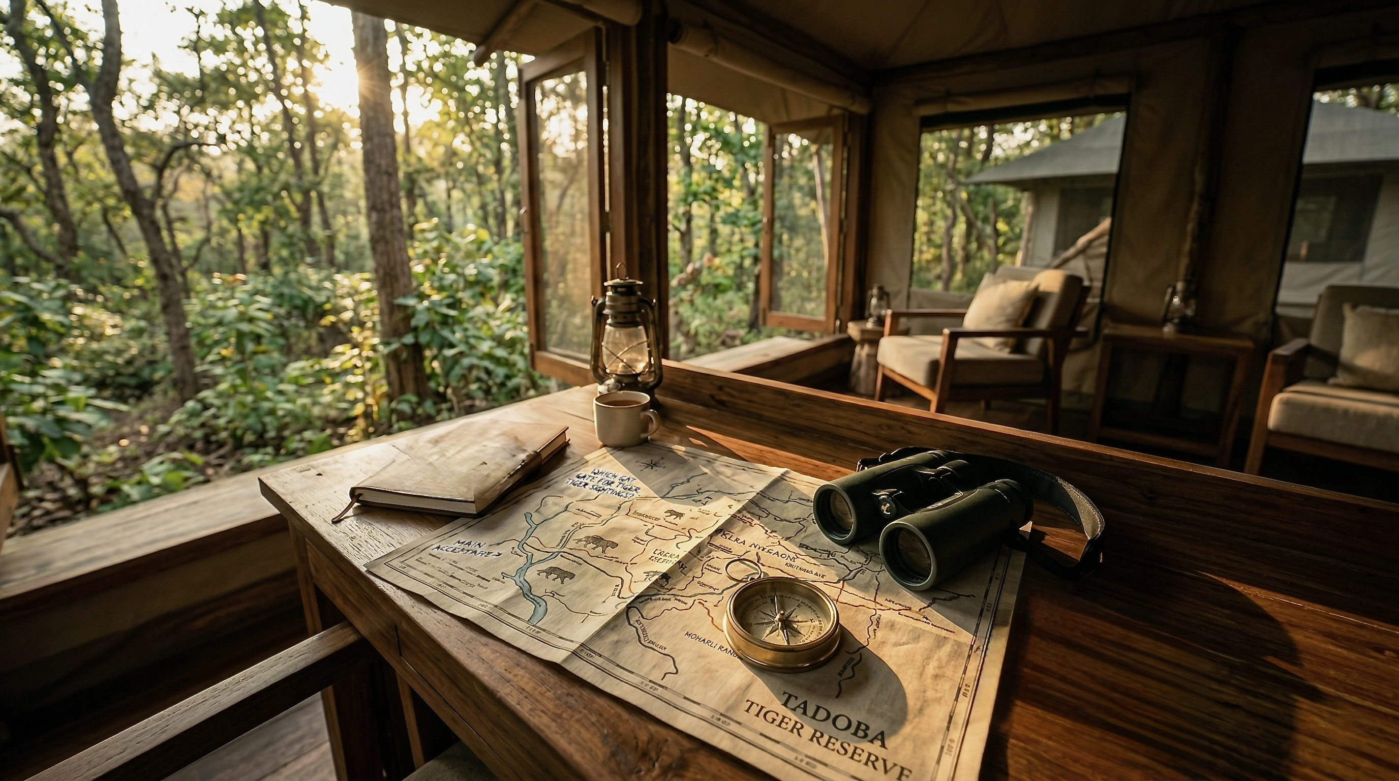 A map of Tadoba Tiger Reserve, binoculars, and a compass on a wooden table in a luxury safari lodge.